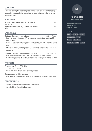 Hyderabad Compact resume template